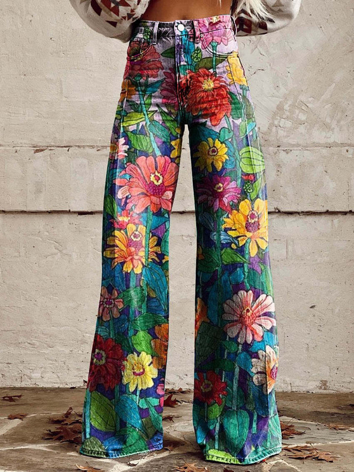 Pantalon Large Femme Imprimé Floral Taille Haute