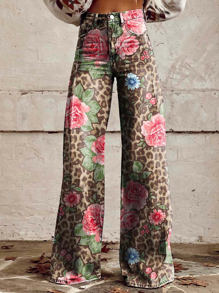 Pantalon Large Femme Imprimé Floral Taille Haute