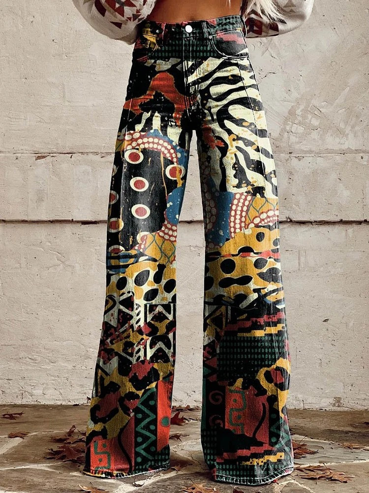 Pantalon Large Femme Imprimé Floral Taille Haute