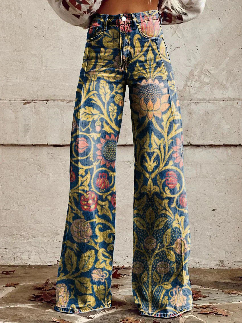 Pantalon Large Femme Imprimé Floral Taille Haute