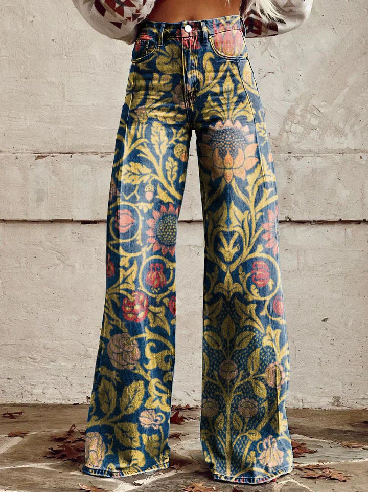 Pantalon Large Femme Imprimé Floral Taille Haute