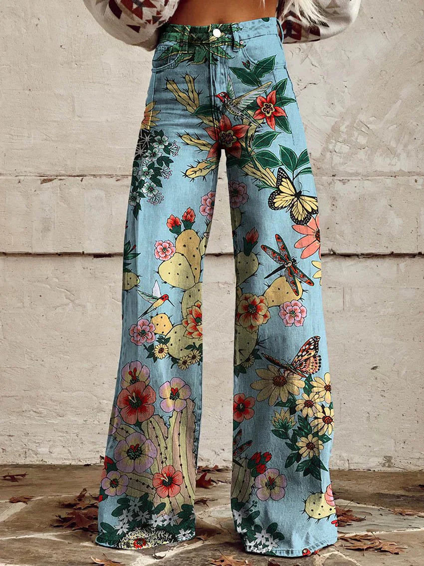 Pantalon Large Femme Imprimé Floral Taille Haute