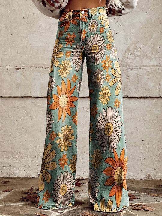 Pantalon Large Femme Imprimé Floral Taille Haute