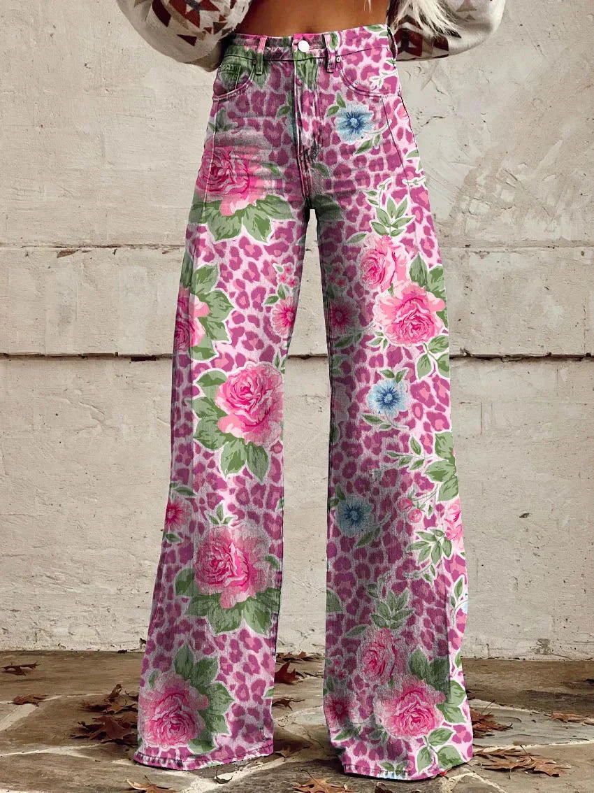 Pantalon Large Femme Imprimé Floral Taille Haute