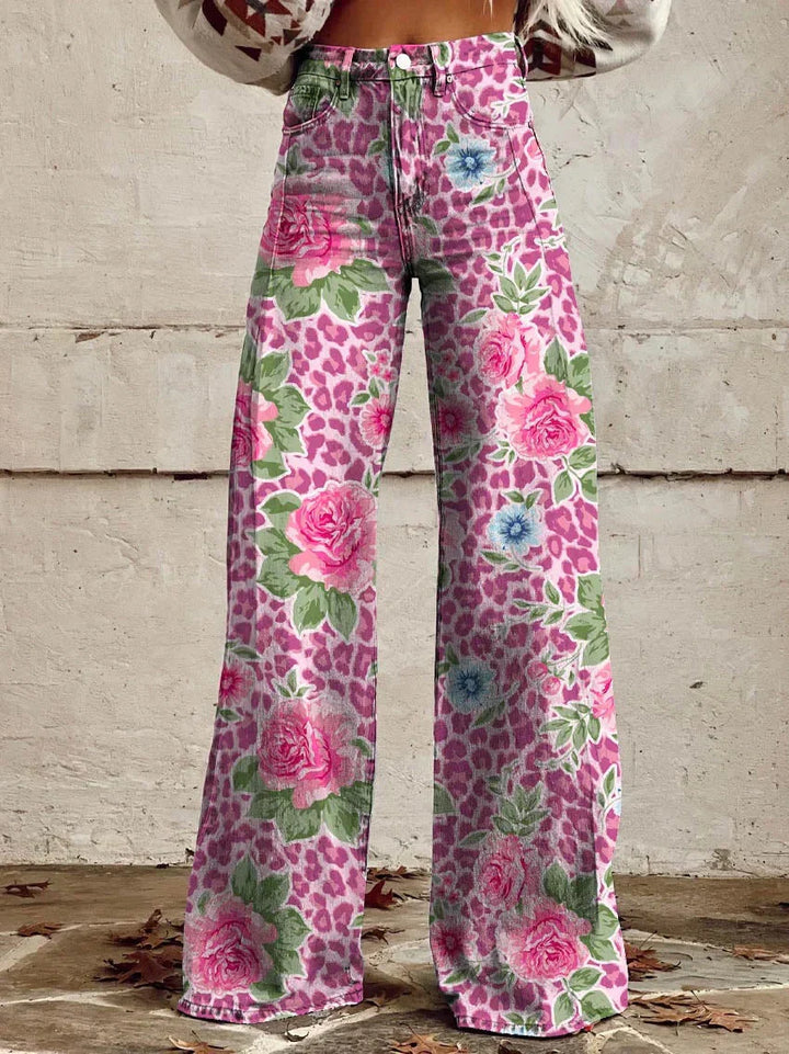 Pantalon Large Femme Imprimé Floral Taille Haute