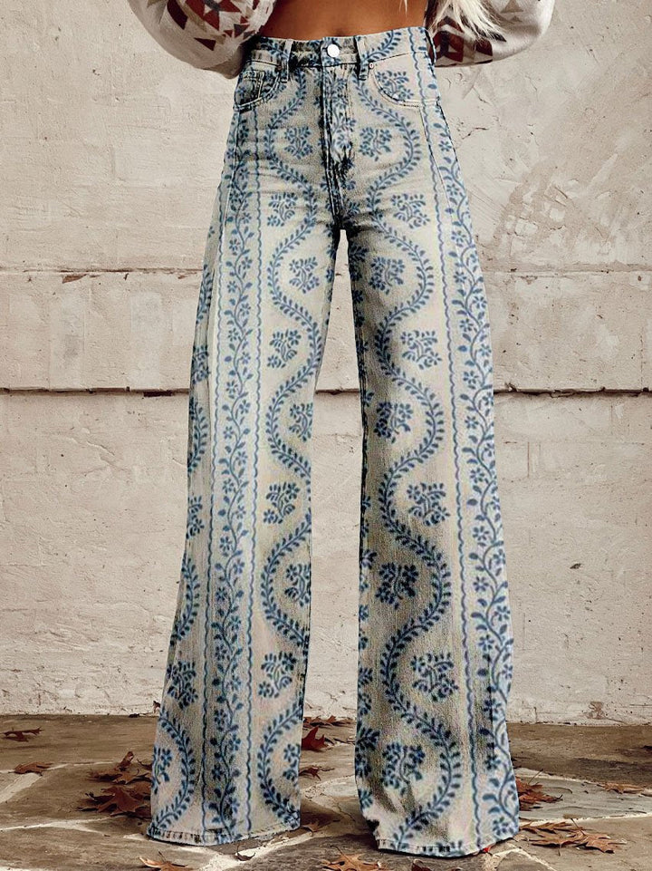 Pantalon Large Femme Imprimé Floral Taille Haute
