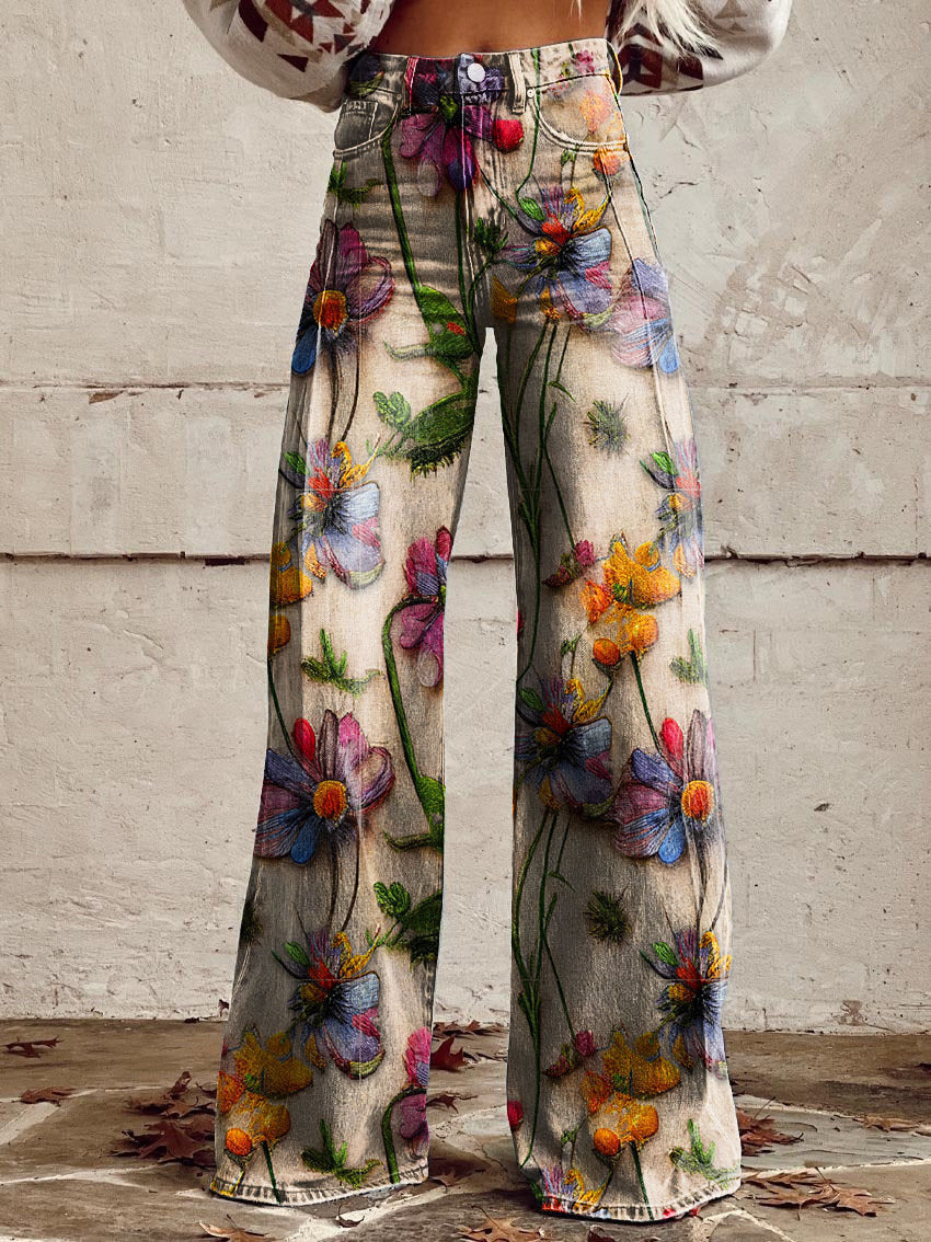 Pantalon Large Femme Imprimé Floral Taille Haute