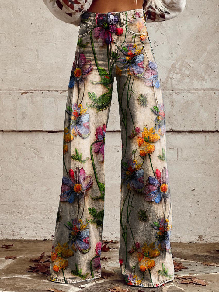 Pantalon Large Femme Imprimé Floral Taille Haute