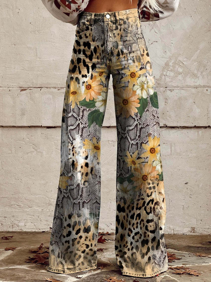 Pantalon Large Femme Imprimé Floral Taille Haute