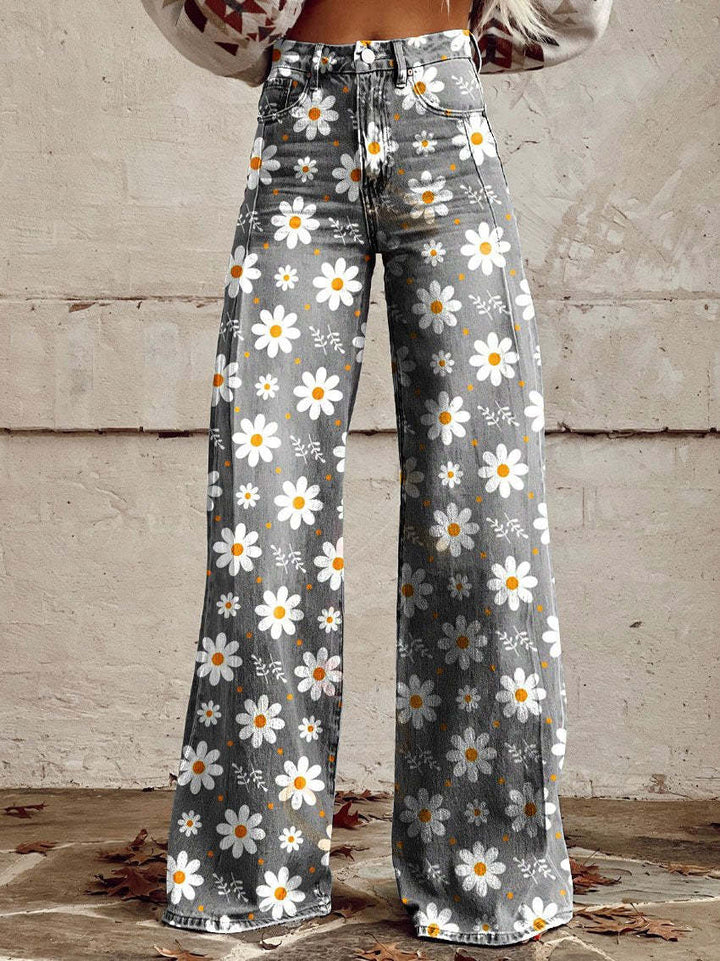 Pantalon Large Femme Imprimé Floral Taille Haute