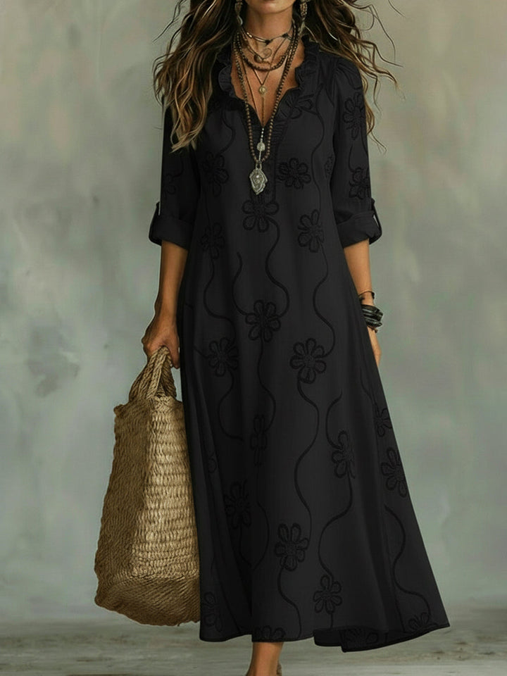 Robe Longue Bohème Brodée à Manches Longues Pour Femme