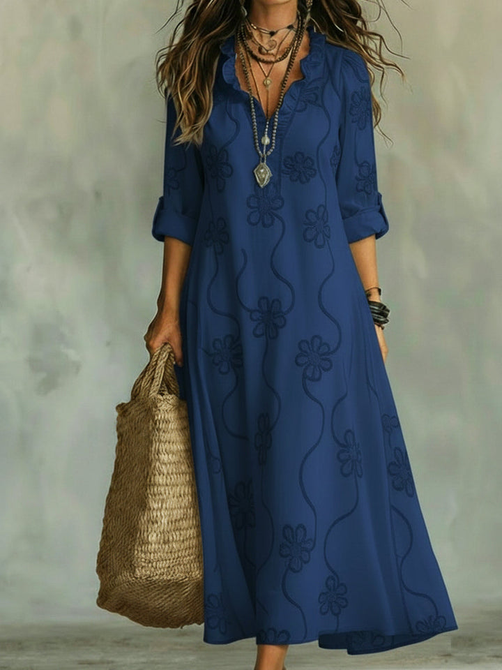 Robe Longue Bohème Brodée à Manches Longues Pour Femme