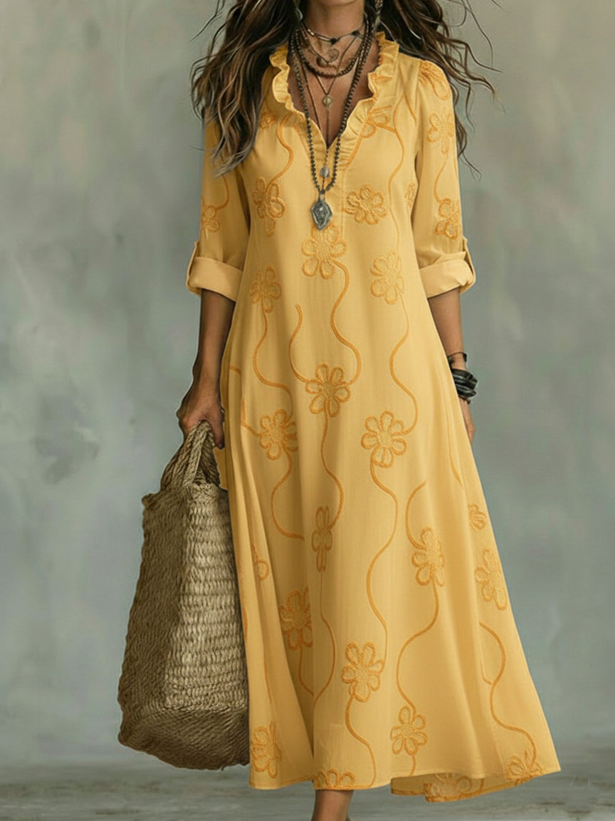 Robe Longue Bohème Brodée à Manches Longues Pour Femme