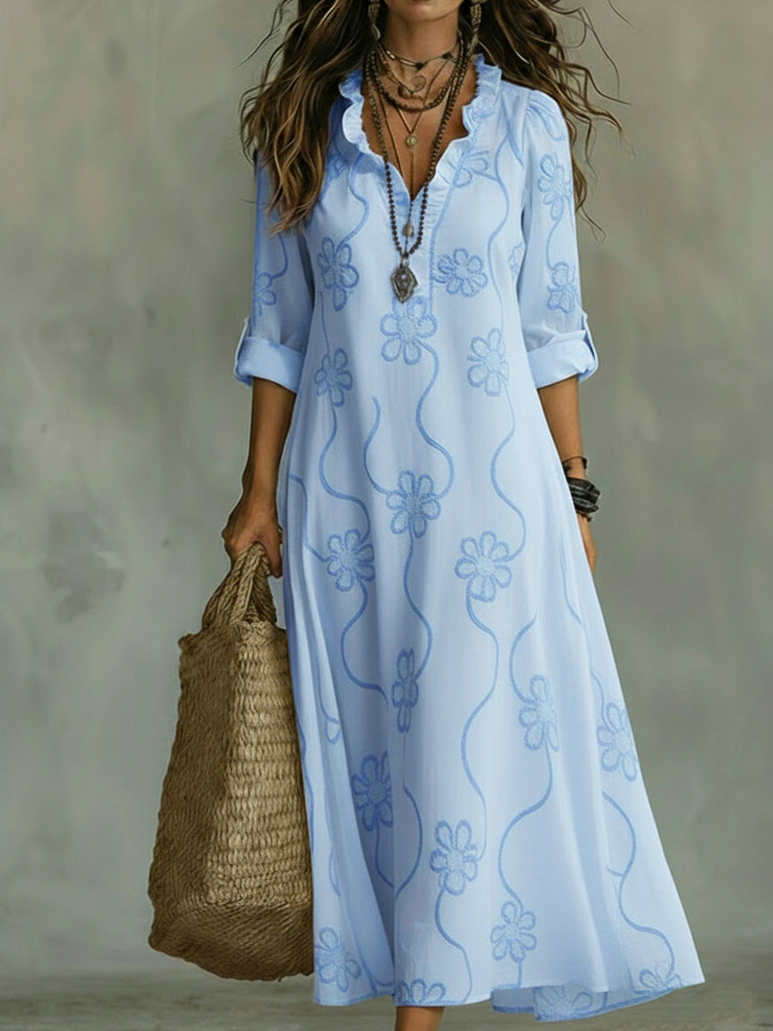 Robe Longue Bohème Brodée à Manches Longues Pour Femme