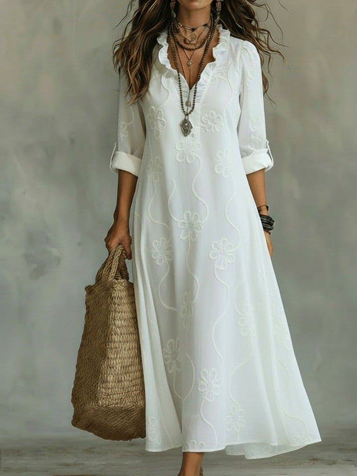 Robe Longue Bohème Brodée à Manches Longues Pour Femme