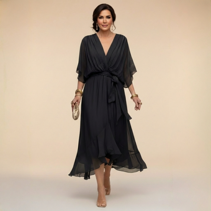 Robe Midi Mousseline Femme Col V Ceinturée