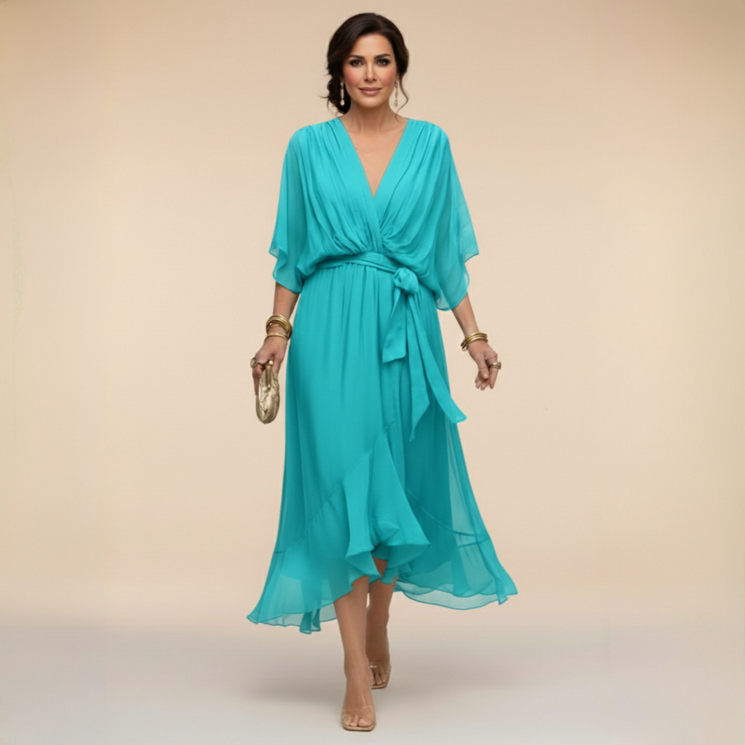 Robe Midi Mousseline Femme Col V Ceinturée