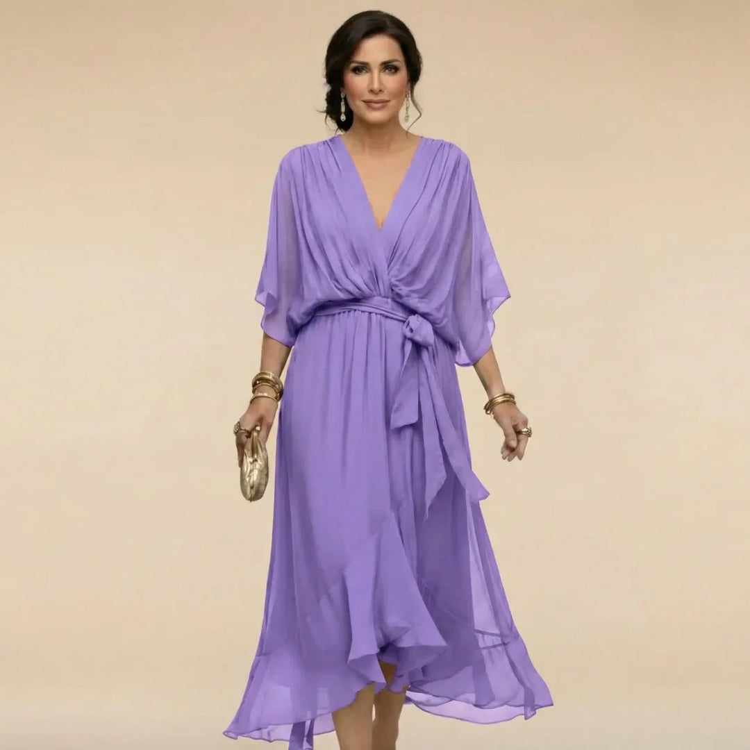 Robe Midi Mousseline Femme Col V Ceinturée