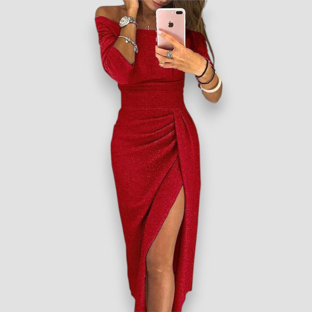 女性用ドレープオフショルダーサイドスリット入りミディ丈ワンピース