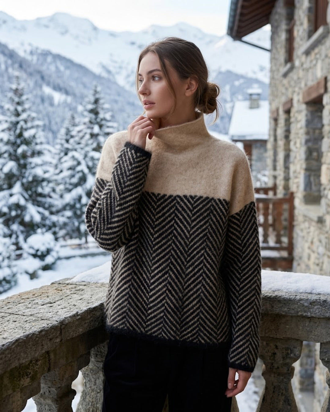 Pull à Col Roulé en Maille Pour Femme à Motif Chevron