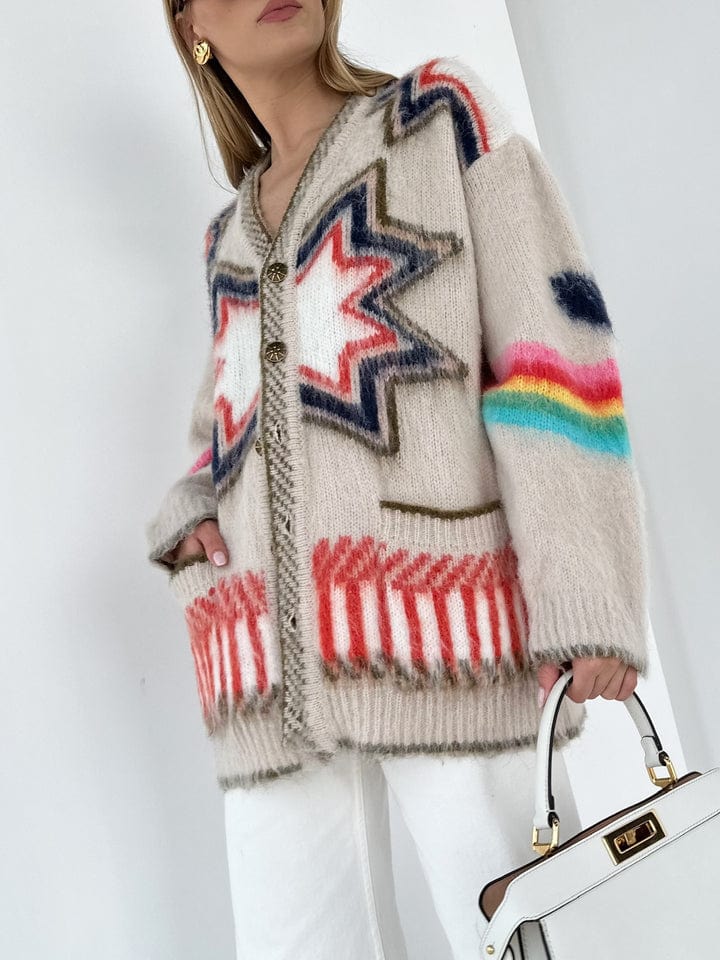 Women's Oversized Knit Cardigan with Geometric Star Patterns