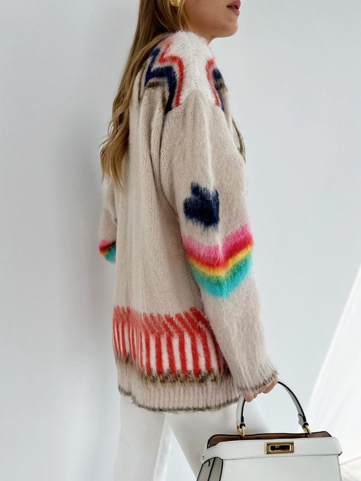 Women's Oversized Knit Cardigan with Geometric Star Patterns