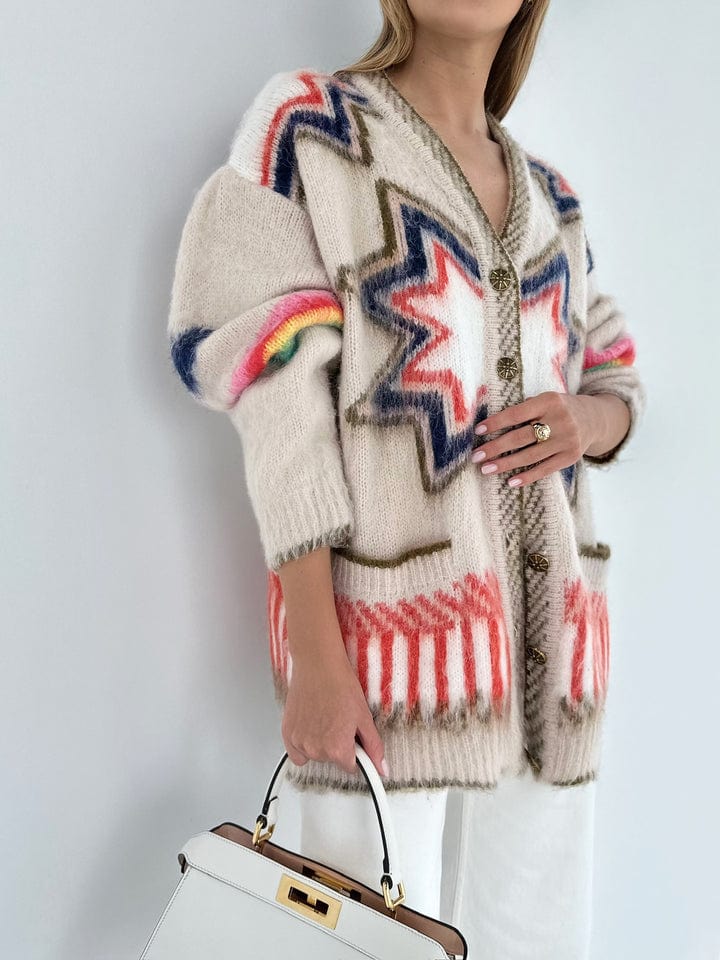 Women's Oversized Knit Cardigan with Geometric Star Patterns