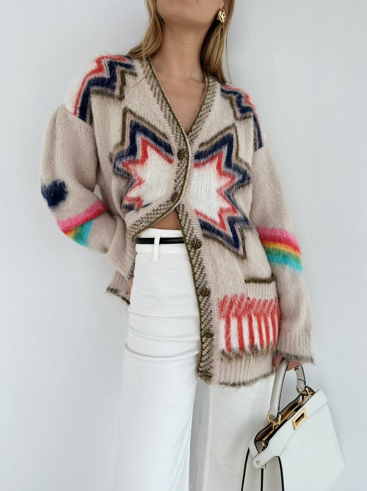 Women's Oversized Knit Cardigan with Geometric Star Patterns