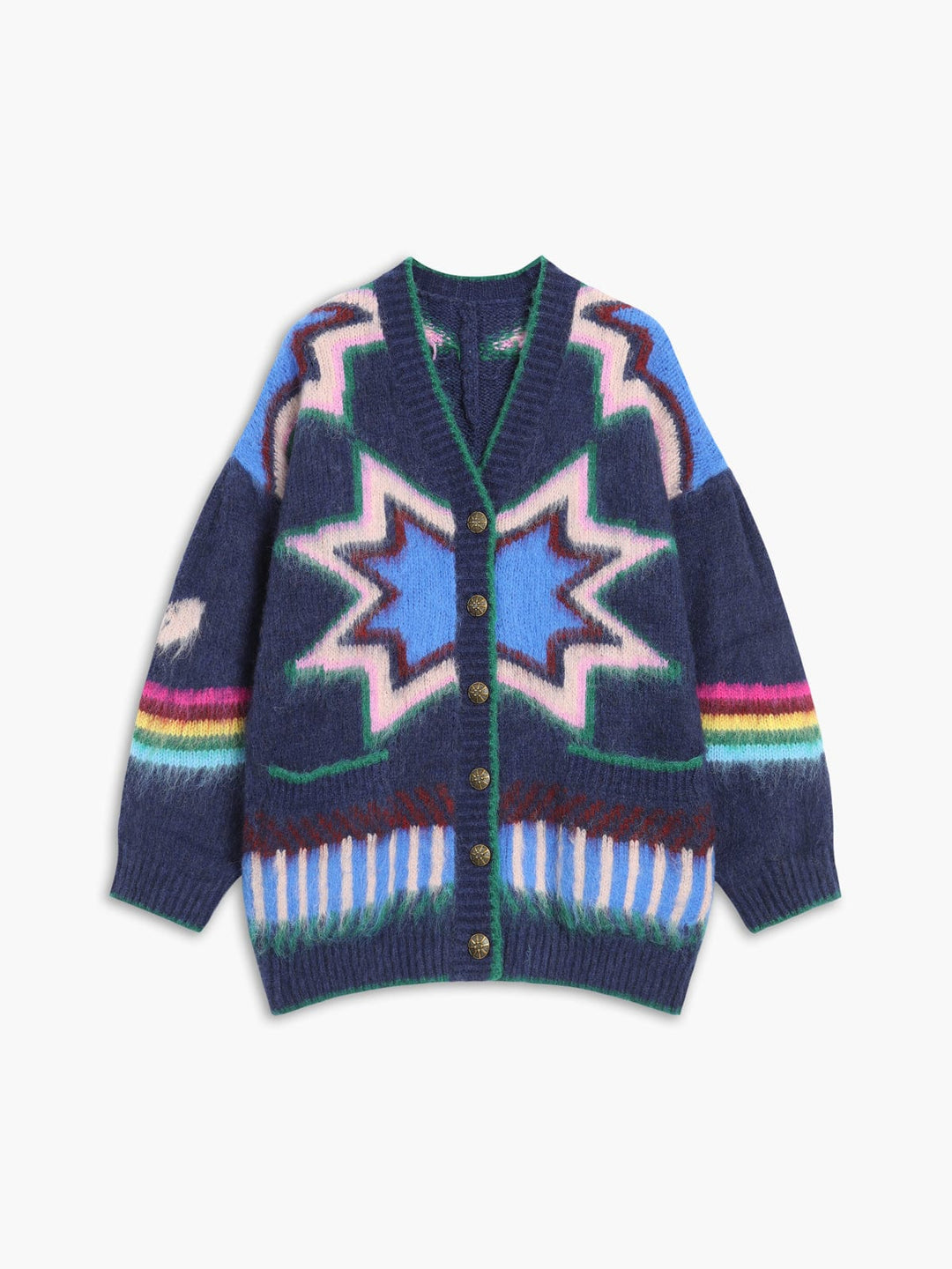 Women's Oversized Knit Cardigan with Geometric Star Patterns