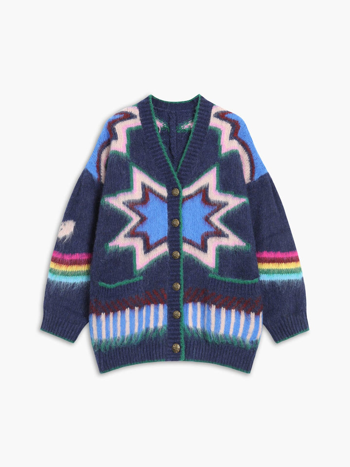 Women's Oversized Knit Cardigan with Geometric Star Patterns