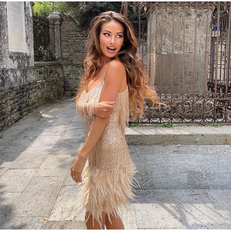 Robe Courte Franges Femme Bretelles Fines Soirée
