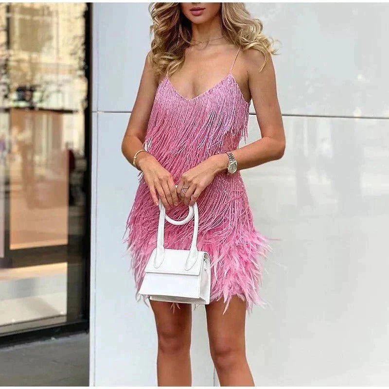 Robe Courte Franges Femme Bretelles Fines Soirée