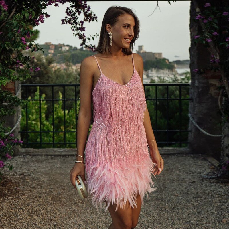Robe Courte Franges Femme Bretelles Fines Soirée