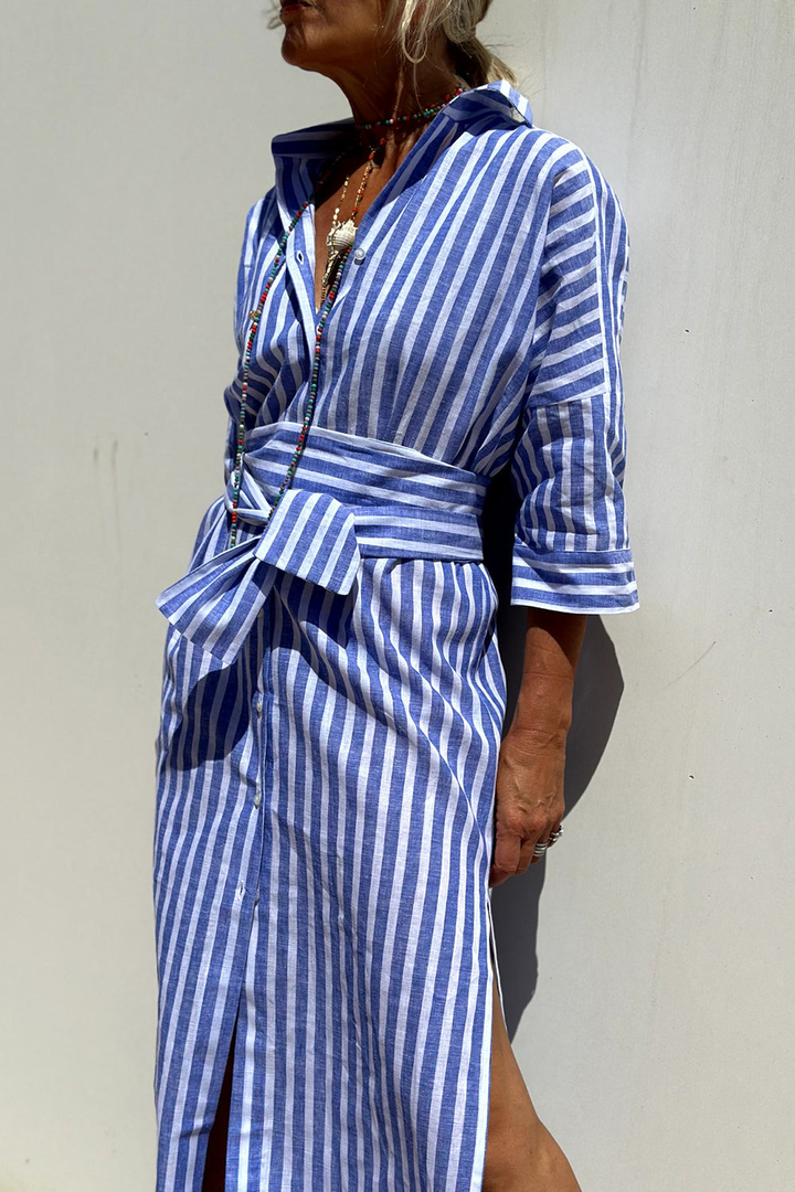 Robe Midi Lin Rayée Femme Col Chemise