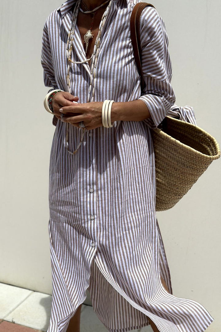 Robe Midi Lin Rayée Femme Col Chemise