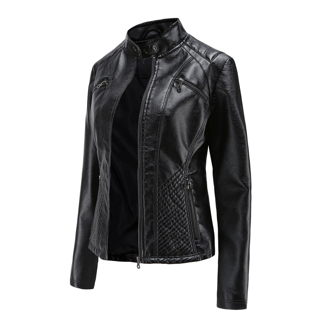 Chaqueta de polipiel para mujer, corte entallado y cuello alto