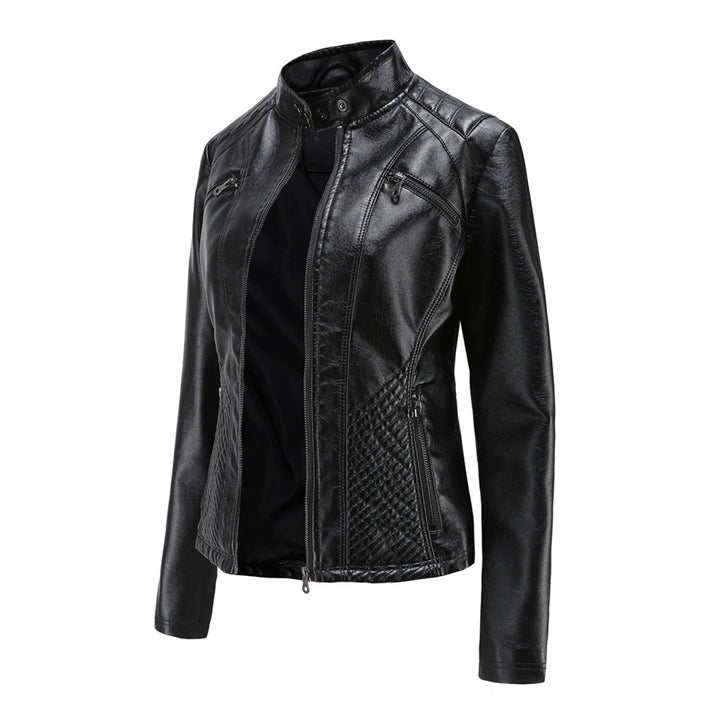 Chaqueta de polipiel para mujer, corte entallado y cuello alto