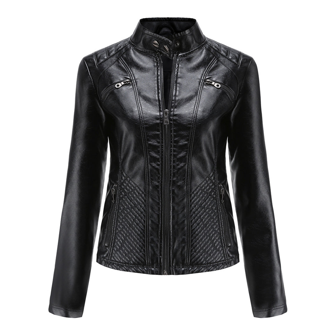 Chaqueta de polipiel para mujer, corte entallado y cuello alto
