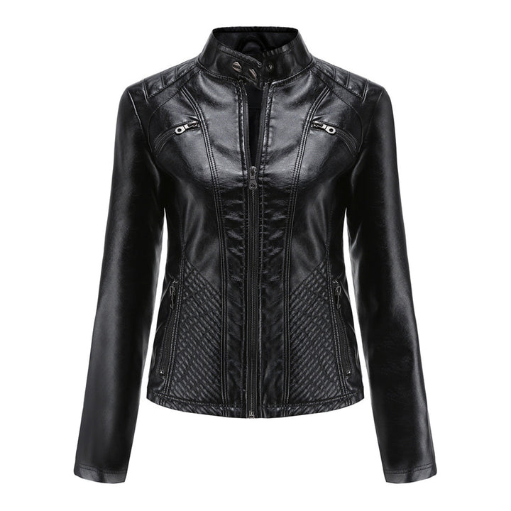 Chaqueta de polipiel para mujer, corte entallado y cuello alto