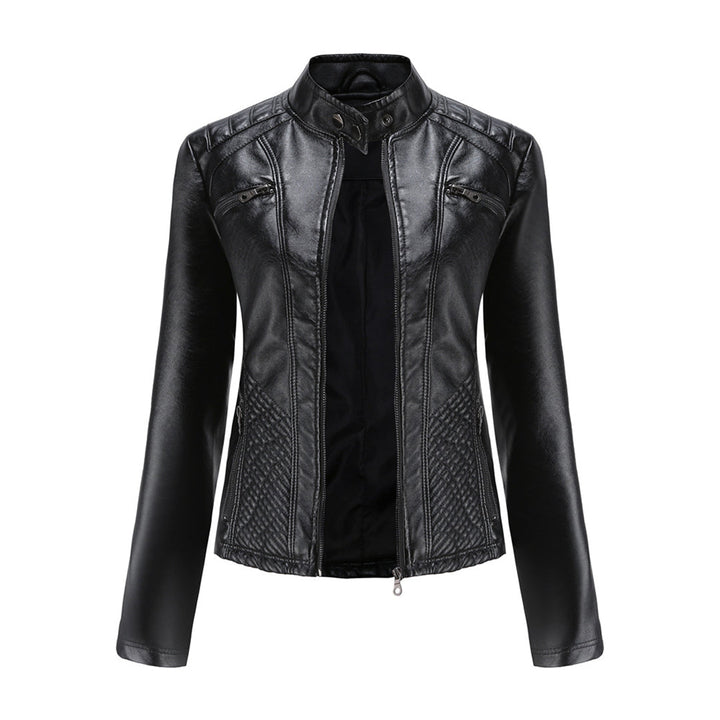 Chaqueta de polipiel para mujer, corte entallado y cuello alto