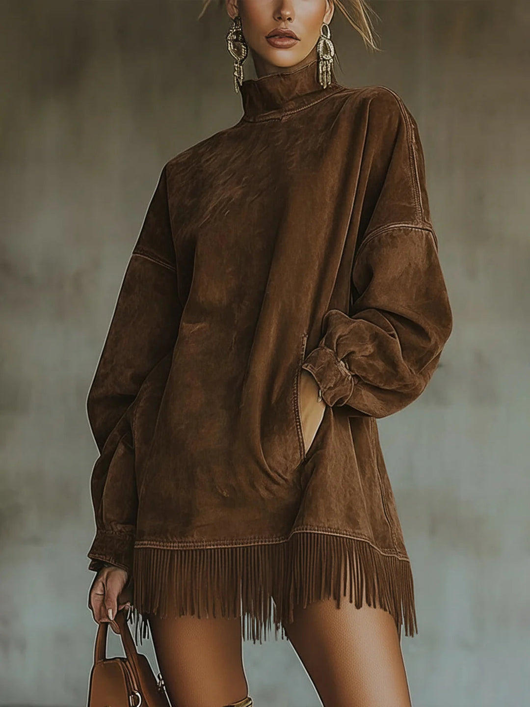 Women's Mini Dress with Fringes and High Neck