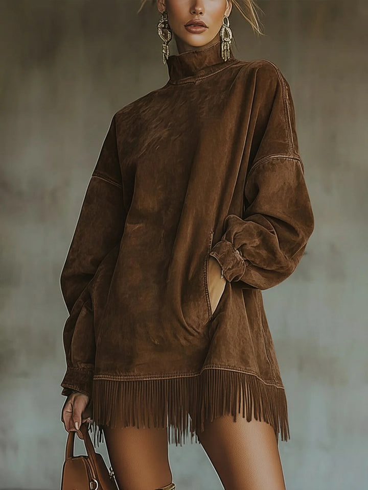 Women's Mini Dress with Fringes and High Neck