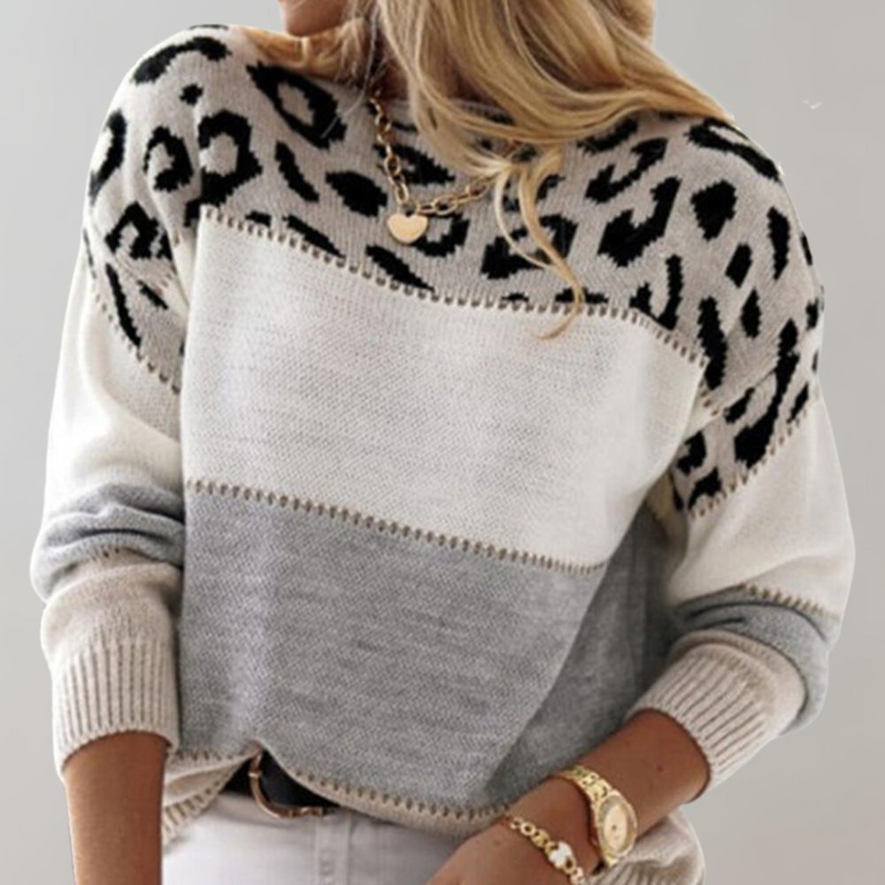 Pull Pour Femme à Motif Léopard et Empiècements Contrastants