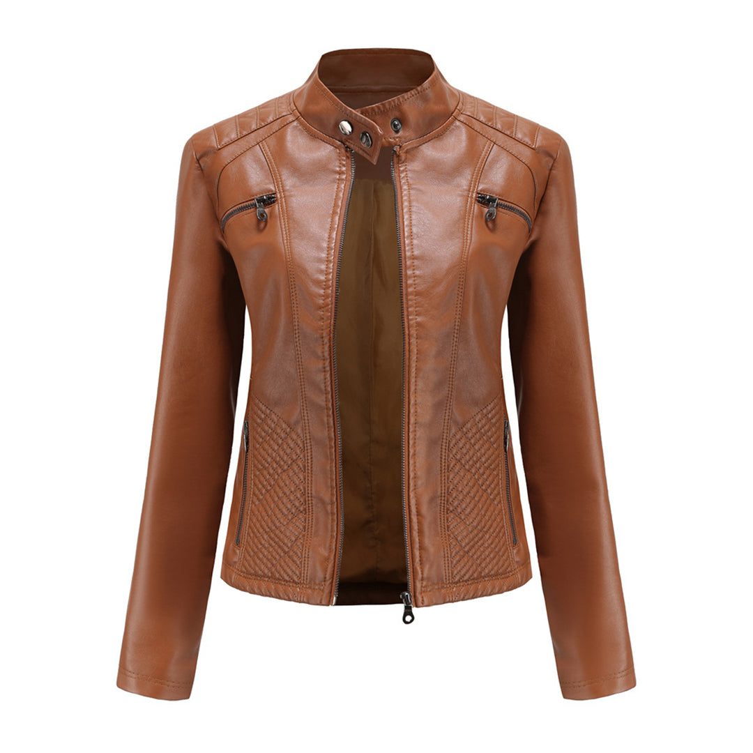 Chaqueta de polipiel para mujer, corte entallado y cuello alto
