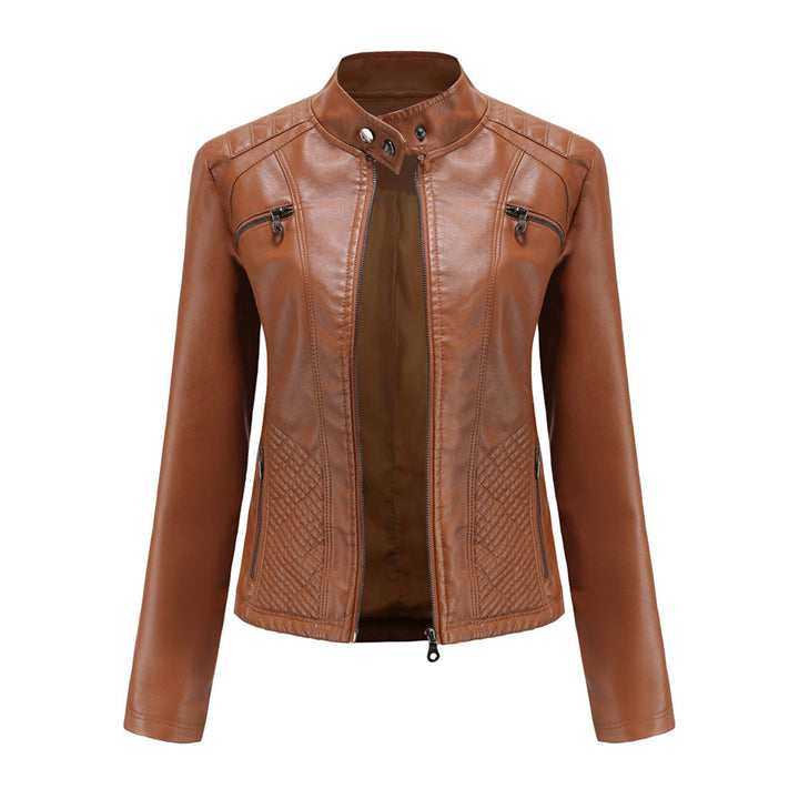 Chaqueta de polipiel para mujer, corte entallado y cuello alto