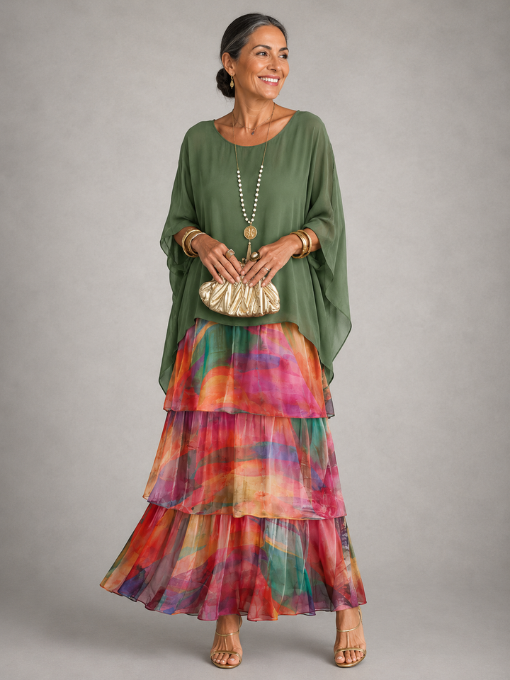 Abito maxi da donna in chiffon con maniche a mantella