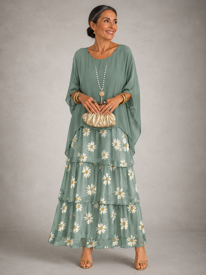 Abito maxi da donna in chiffon con maniche a mantella