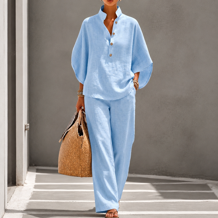 Ensemble Haut à Col Boutonné et Pantalon Large Pour Femme