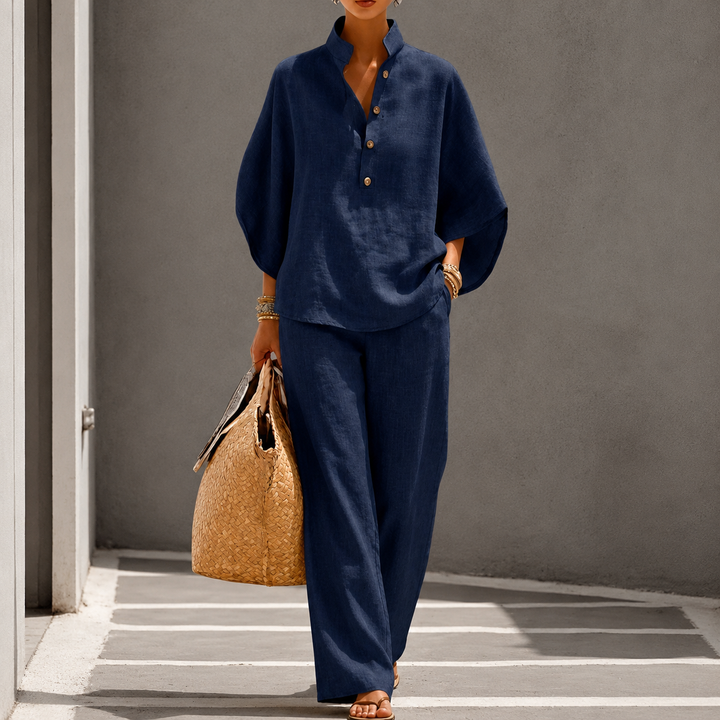Ensemble Haut à Col Boutonné et Pantalon Large Pour Femme