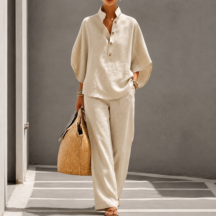 Ensemble Haut à Col Boutonné et Pantalon Large Pour Femme